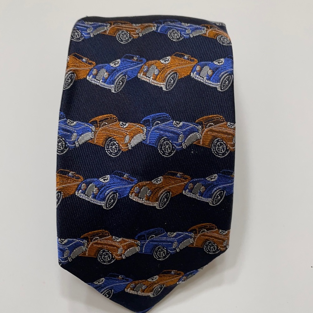 Robert Talbott Best of Class Tie. #12 Vintage Cars on Blue & Copper Navy Tie.